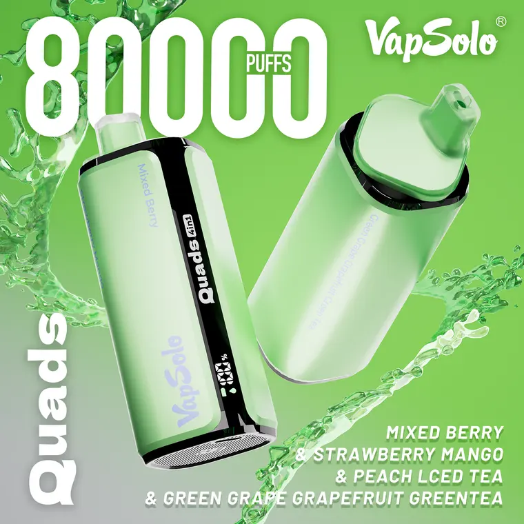 VapSolo Quads – Mixed Berry, Strawberry Mango, Green Grape Grapefruit Green Tea, Peach Iced Tea
