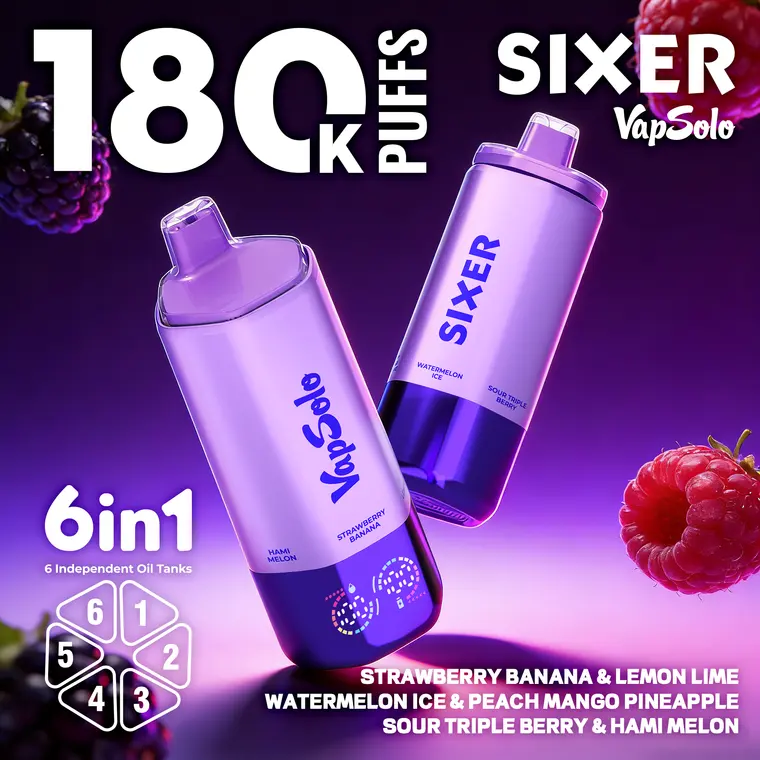 VapSolo Sixer – Strawberry Banana, Lemon Lime, Watermelon Ice, Peach Mango Pineapple, Sour Triple Berry, Hami Melon