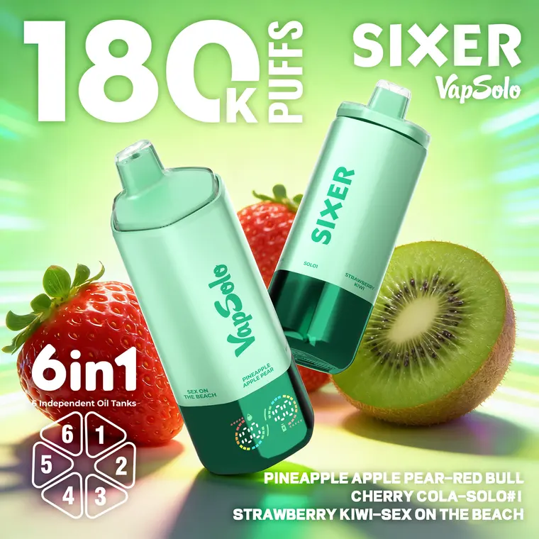 VapSolo Sixer – Pineapple Apple Pear, Red Bull, Cherry Cola, Solo #1, Strawberry Kiwi, Sex On The Beach