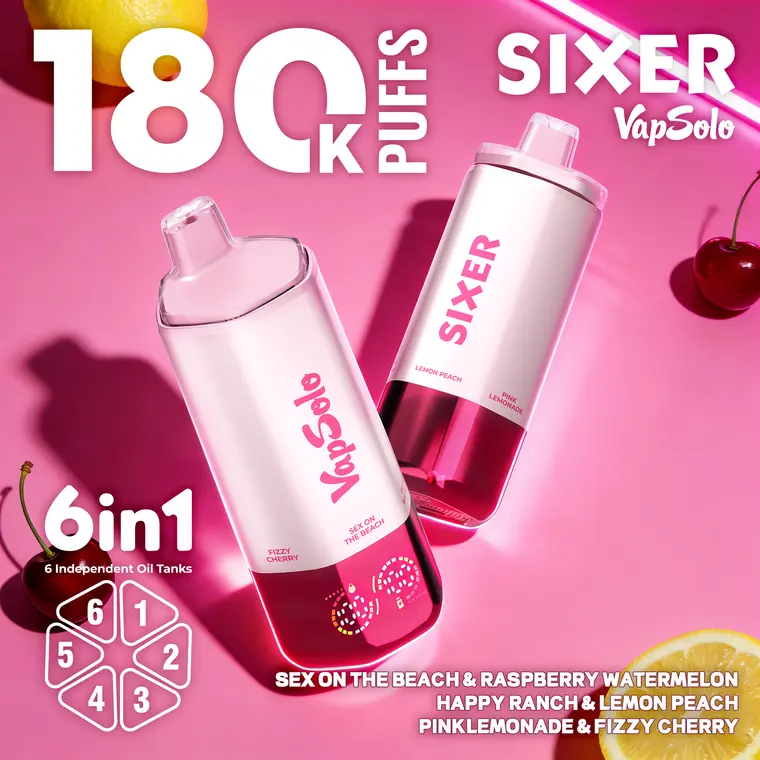 VapSolo Sixer – Sex On The Beach, Raspberry Watermelon, Happy Ranch, Lemon Peach, Pink Lemonade, Fizzy Cherry