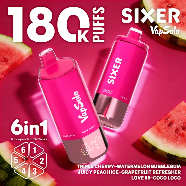 VapSolo Sixer – Triple Cherry, Watermelon Bubblegum, Juicy Peach Ice, Grapefruit Refresher, Love 66, Coco Loco