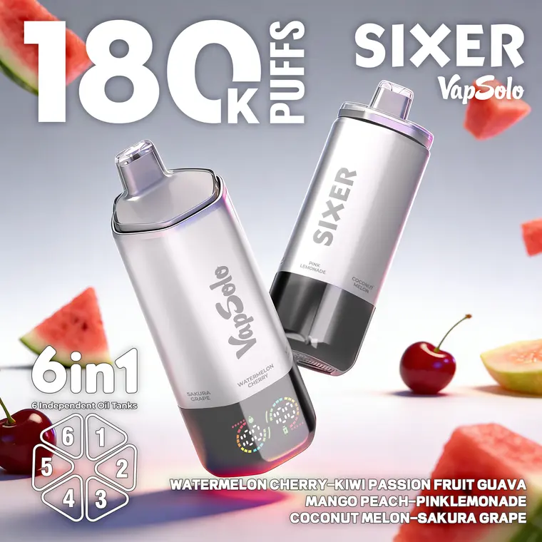 VapSolo Sixer – Watermelon Cherry, Kiwi Passion Fruit Guava, Mango Peach, Pink Lemonade, Coconut Melon, Sakura Grape